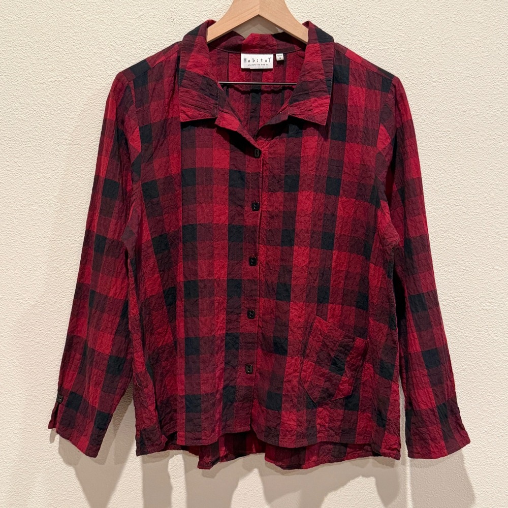 HABITAT Womens Plaid Button Down Shirt M Textured Buffalo Check Lagenlook Top